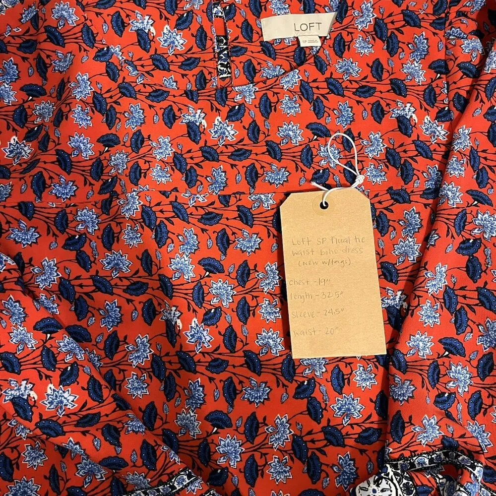 Loft S Petite Dress Floral Tie Waist Puff Sleeve Boho Red Blue - Picture 3 of 7